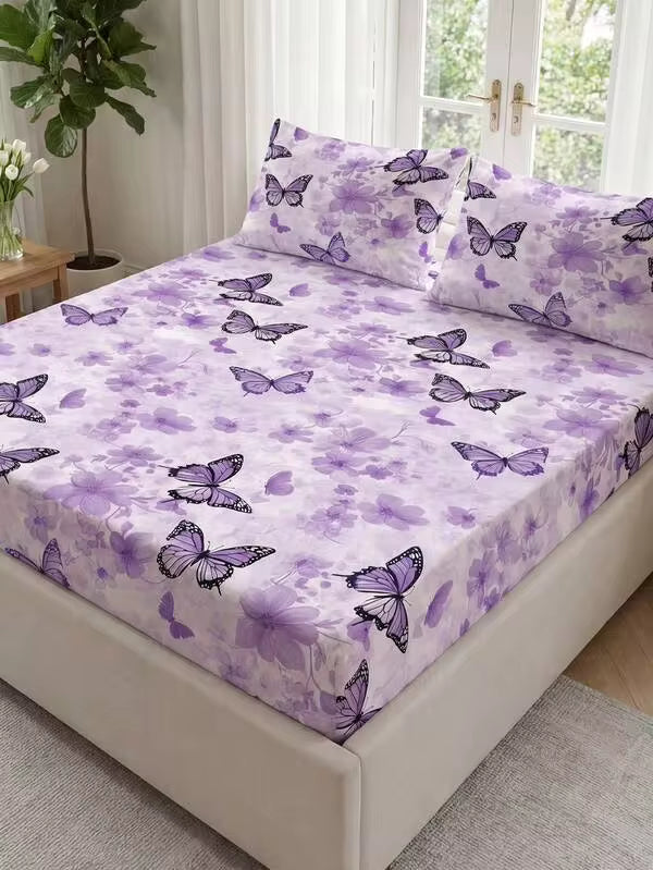1pc Soft & Comfortable Fitted Bed Sheet Mattress Protector, Skin-Friendly, All-Season, Dust-Proof & Anti-Slip, Fits Twin/Full/Queen/King Size Bed, Purple Butterfly & Colorful Floral Pattern, Machine Washable, Perfect Holiday Gift